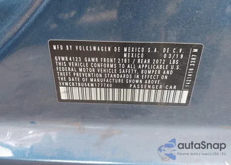 2019 Volkswagen Jetta 1.4T R-Line/1.4T S/1.4T Se from USA, damaged, VIN 3VWCB7BU5KM177740